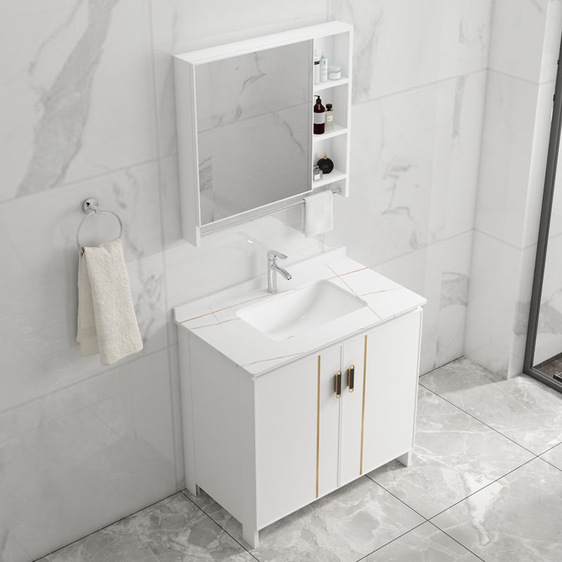 Single Sink Vanity Set White Mirror 2 Doors Freestanding Metal Frame Vanity Clearhalo 'Bathroom Remodel & Bathroom Fixtures' 'Bathroom Vanities' 'bathroom_vanities' 'Home Improvement' 'home_improvement' 'home_improvement_bathroom_vanities' 1200x1200_56b7f4be-d4a2-4b22-8643-81c4f46c6620