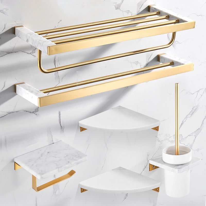 Brushed Brass Bathroom Accessory Set Metal & Marble Bathroom Hardware Set with Bath Shelf Clearhalo 'Bathroom Hardware Sets' 'Bathroom Hardware' 'Bathroom Remodel & Bathroom Fixtures' 'bathroom_hardware_sets' 'Home Improvement' 'home_improvement' 'home_improvement_bathroom_hardware_sets' 1200x1200_5719672d-07a1-4618-83af-ed94dfbab697