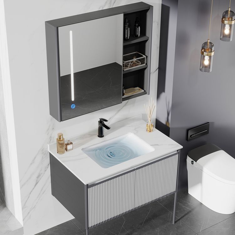 Bath Vanity Grey Metal Frame Rectangular Single Sink Wall Mount Mirror 2 Doors Vanity Clearhalo 'Bathroom Remodel & Bathroom Fixtures' 'Bathroom Vanities' 'bathroom_vanities' 'Home Improvement' 'home_improvement' 'home_improvement_bathroom_vanities' 1200x1200_57e4544f-5cda-4f93-8077-65d63df5a63f
