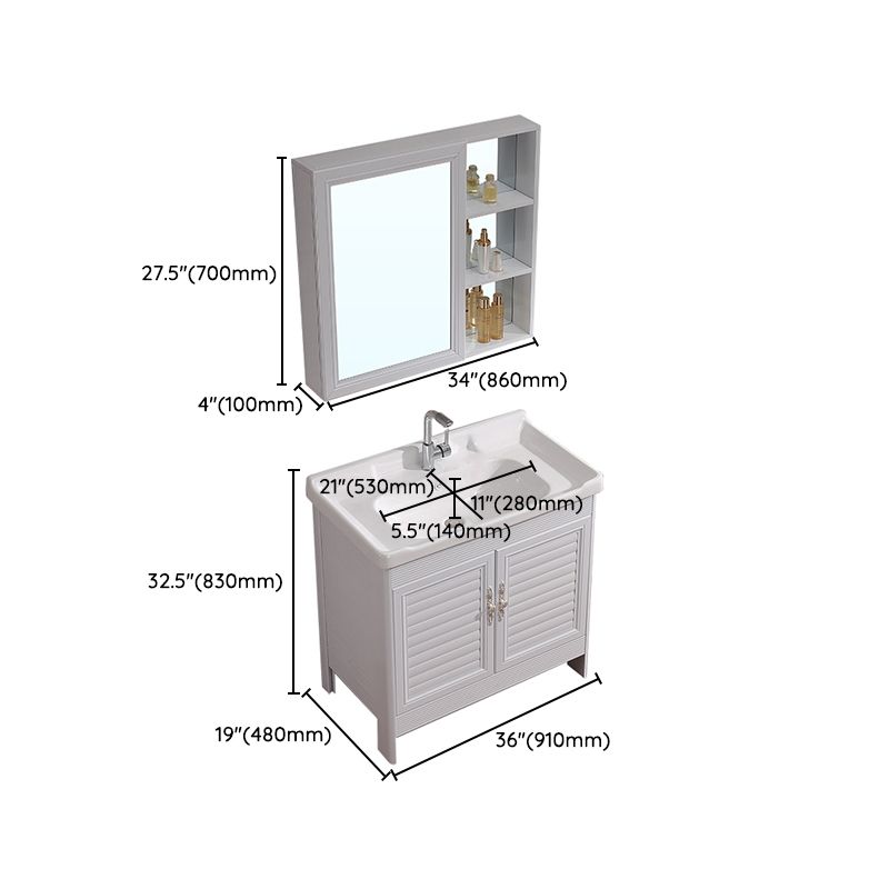 White Freestanding Vanity Rectangular 2 Doors Metal Frame Mirror Single Sink Vanity Clearhalo 'Bathroom Remodel & Bathroom Fixtures' 'Bathroom Vanities' 'bathroom_vanities' 'Home Improvement' 'home_improvement' 'home_improvement_bathroom_vanities' 1200x1200_6160b57f-3630-4e1a-9092-75e55dae82e8