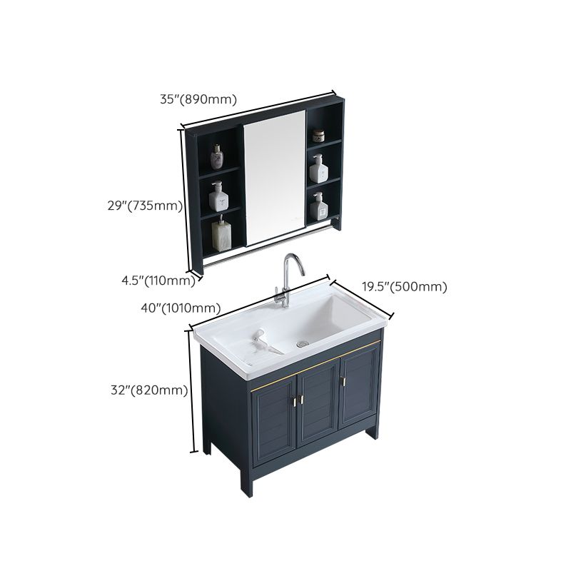 Grey Bath Vanity Freestanding Rectangular Single Sink Doors Metal Frame Vanity with Mirror Clearhalo 'Bathroom Remodel & Bathroom Fixtures' 'Bathroom Vanities' 'bathroom_vanities' 'Home Improvement' 'home_improvement' 'home_improvement_bathroom_vanities' 1200x1200_621721f1-98e4-4567-a3d0-a343b8fad832