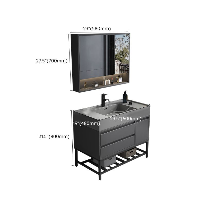 Single Sink Grey Vanity Shelving Included Mirror Rectangle Vanity with 2 Drawers Clearhalo 'Bathroom Remodel & Bathroom Fixtures' 'Bathroom Vanities' 'bathroom_vanities' 'Home Improvement' 'home_improvement' 'home_improvement_bathroom_vanities' 1200x1200_62ec6e0b-81f2-4deb-a87d-3dc5d92c3af2