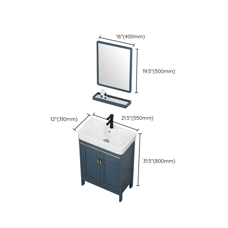 Blue Bath Vanity Freestanding 2 Doors Mirror Single Sink Rectangular Metal Frame Vanity Clearhalo 'Bathroom Remodel & Bathroom Fixtures' 'Bathroom Vanities' 'bathroom_vanities' 'Home Improvement' 'home_improvement' 'home_improvement_bathroom_vanities' 1200x1200_6451c1d3-c785-4337-9ea4-e0997c2eae1a