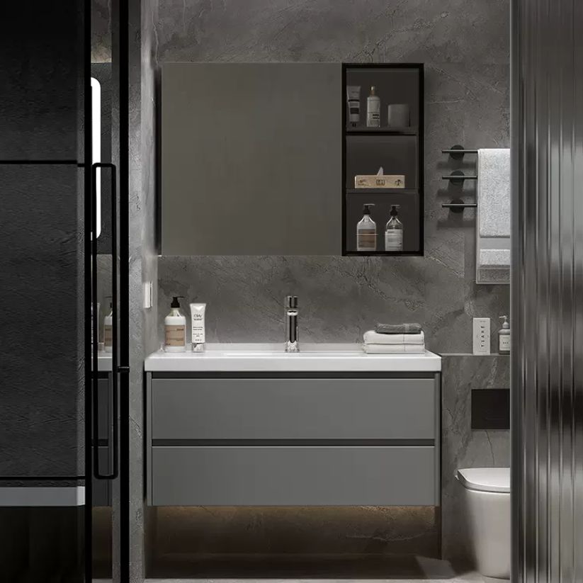 Modern Vanity Rectangular Dark Gray Single Ceramic Top Sink Vanity Clearhalo 'Bathroom Remodel & Bathroom Fixtures' 'Bathroom Vanities' 'bathroom_vanities' 'Home Improvement' 'home_improvement' 'home_improvement_bathroom_vanities' 1200x1200_6ab53636-3d25-4b0c-b02d-7b04f8770448