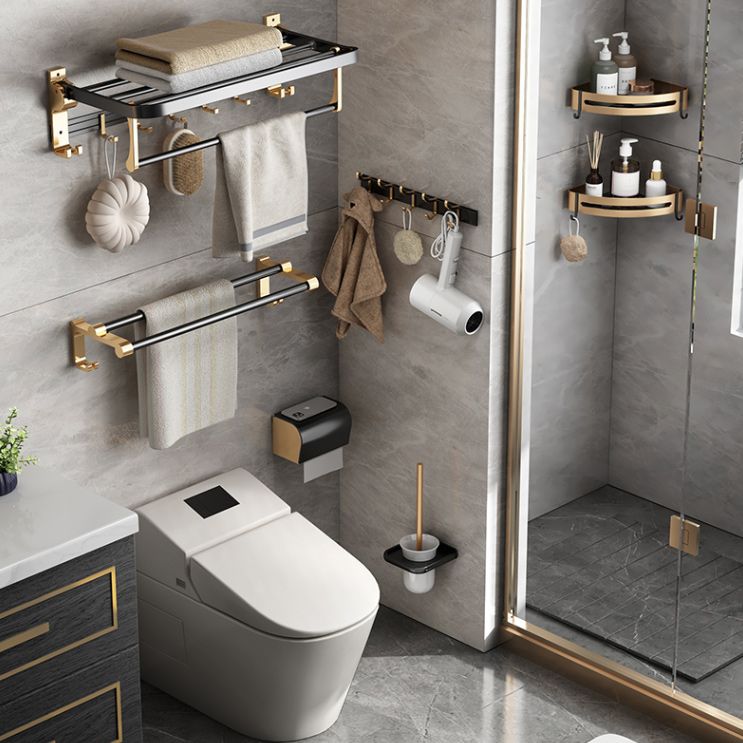 Black and Brass Bathroom Accessory Set Contemporary Bath Set with Bath Shelf/Towel Bar Clearhalo 'Bathroom Hardware Sets' 'Bathroom Hardware' 'Bathroom Remodel & Bathroom Fixtures' 'bathroom_hardware_sets' 'Home Improvement' 'home_improvement' 'home_improvement_bathroom_hardware_sets' 1200x1200_6acd31a0-18a9-479c-a819-0182ff3219e1