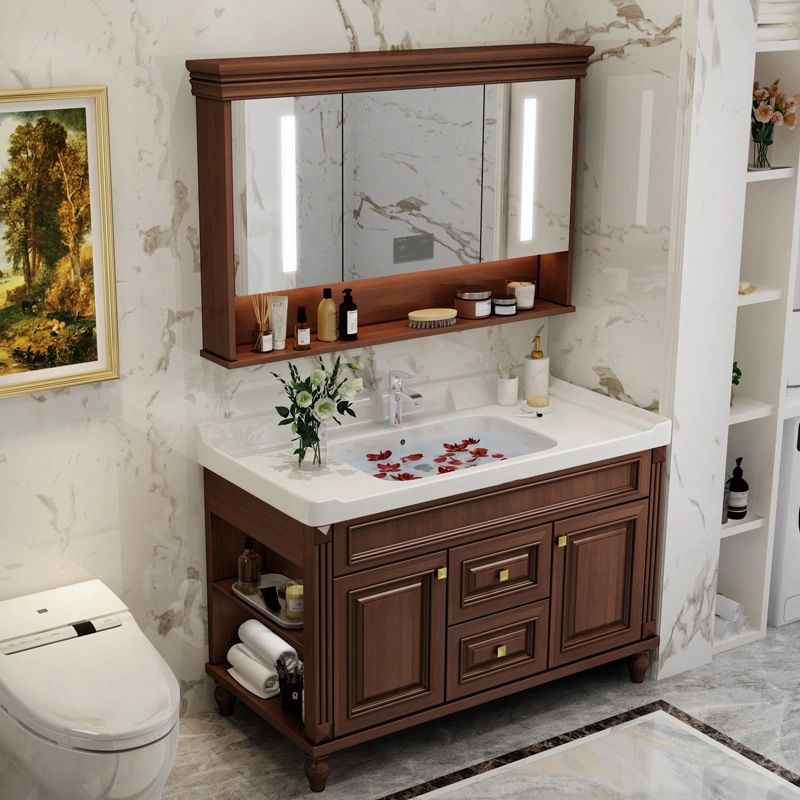 Bathroom Vanity Set Mirror Storage Shelf Ceramic Sink 2 Doors Sink Vanity with Faucet Clearhalo 'Bathroom Remodel & Bathroom Fixtures' 'Bathroom Vanities' 'bathroom_vanities' 'Home Improvement' 'home_improvement' 'home_improvement_bathroom_vanities' 1200x1200_6bf88b60-1419-4827-bd5a-9b6f2091f5ce