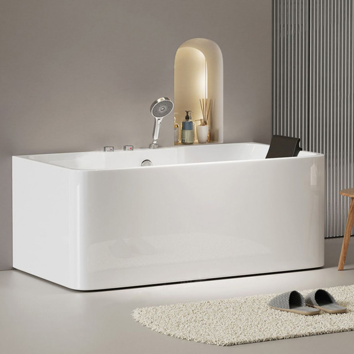 White Rectangular Bath Freestanding Acrylic Back to Wall Bathtub Clearhalo 'Bathroom Remodel & Bathroom Fixtures' 'Bathtubs' 'Home Improvement' 'home_improvement' 'home_improvement_bathtubs' 'Showers & Bathtubs' 1200x1200_6cba80ab-f37c-4140-b003-817f6a65b6f9