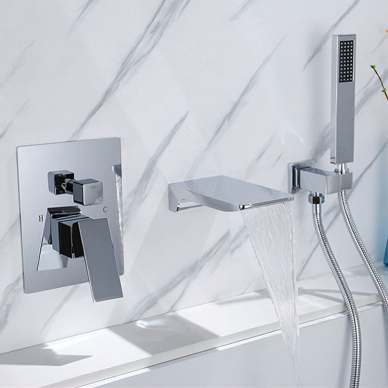 Modern Wall Mounted Metal Tub Filler Low Arc Bathroom Faucet Clearhalo 'Bathroom Remodel & Bathroom Fixtures' 'Bathtub Faucets' 'bathtub_faucets' 'Home Improvement' 'home_improvement' 'home_improvement_bathtub_faucets' 1200x1200_6da855eb-f700-4ef2-8559-ebeb06f1b1e1