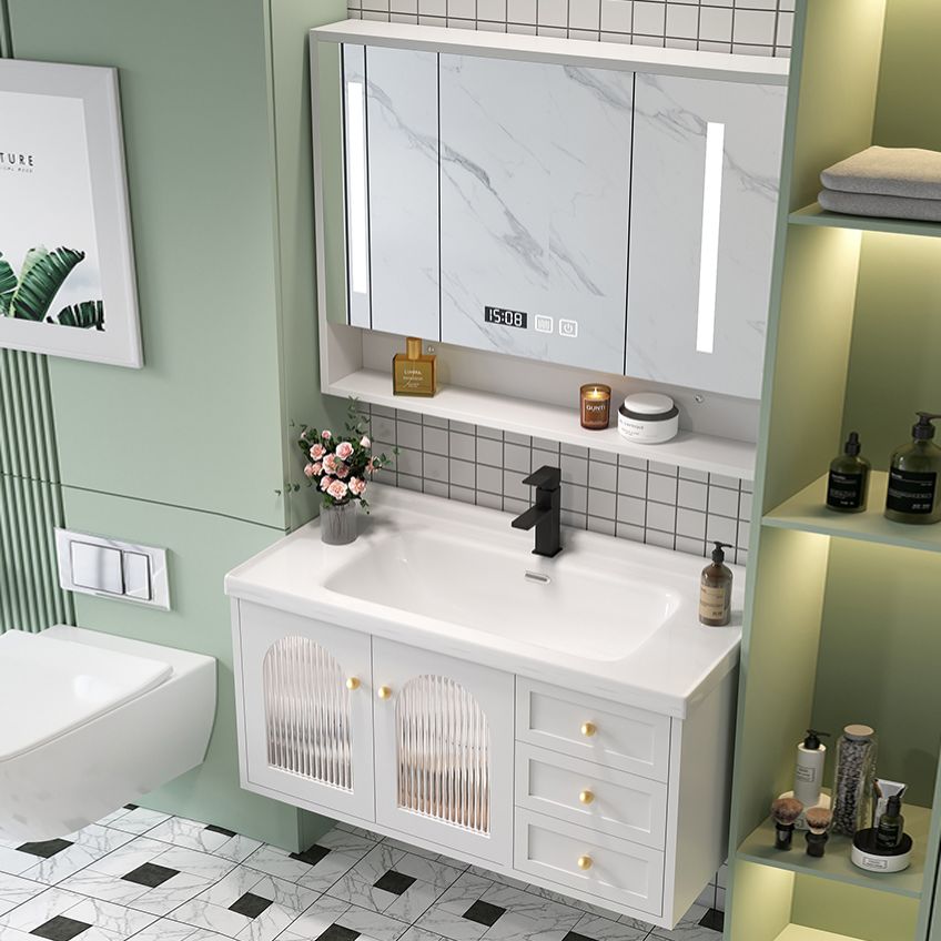 Glam Vanity White Single Sink Wall Mount Wood Frame Rectangular Mirror Bath Vanity Clearhalo 'Bathroom Remodel & Bathroom Fixtures' 'Bathroom Vanities' 'bathroom_vanities' 'Home Improvement' 'home_improvement' 'home_improvement_bathroom_vanities' 1200x1200_701494e0-ed10-4df6-a389-43976fee310d