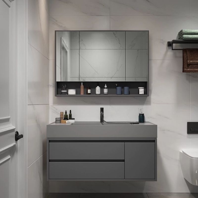 2 Drawers Bathroom Vanity Single Sink Wood Frame Mirror Soft Close Door in Grey Clearhalo 'Bathroom Remodel & Bathroom Fixtures' 'Bathroom Vanities' 'bathroom_vanities' 'Home Improvement' 'home_improvement' 'home_improvement_bathroom_vanities' 1200x1200_70bc1f06-1675-430f-b66d-53e34d27214d
