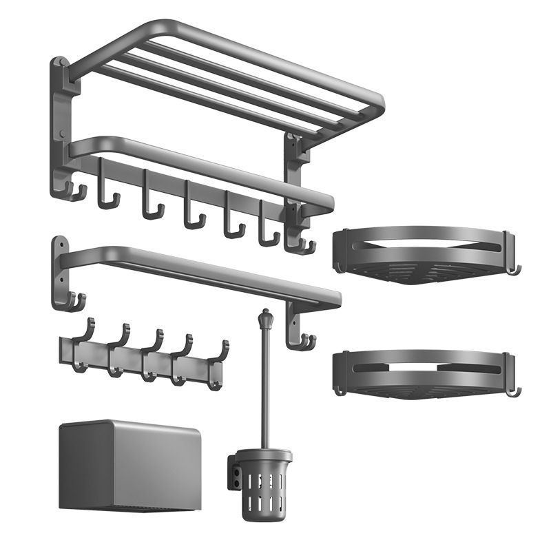 Contemporary Gray Bathroom Hardware Set with Bath Shelf/Towel Bar/Robe Hooks/Paper Holder Clearhalo 'Bathroom Hardware Sets' 'Bathroom Hardware' 'Bathroom Remodel & Bathroom Fixtures' 'bathroom_hardware_sets' 'Home Improvement' 'home_improvement' 'home_improvement_bathroom_hardware_sets' 1200x1200_7211e43a-c63c-4e7d-aa2b-c44520b86fa6