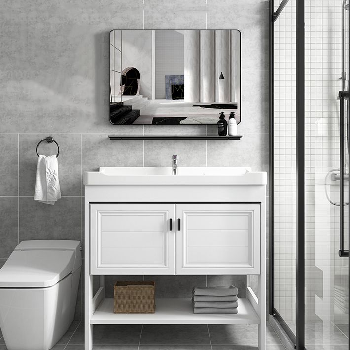 Freestanding Vanity Mirror 2 Doors Single Sink White Rectangular Shelving Included Vanity Clearhalo 'Bathroom Remodel & Bathroom Fixtures' 'Bathroom Vanities' 'bathroom_vanities' 'Home Improvement' 'home_improvement' 'home_improvement_bathroom_vanities' 1200x1200_7384e6e6-1e39-46f2-8f95-7c824badfe24