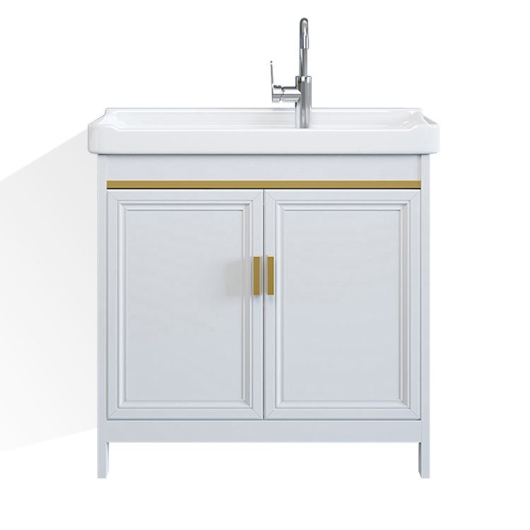 White Bathroom Vanity Metal Frame Single Sink Rectangular Freestanding Vanity with Mirror Clearhalo 'Bathroom Remodel & Bathroom Fixtures' 'Bathroom Vanities' 'bathroom_vanities' 'Home Improvement' 'home_improvement' 'home_improvement_bathroom_vanities' 1200x1200_73a030c3-88bd-4033-b557-08b92e720cd3