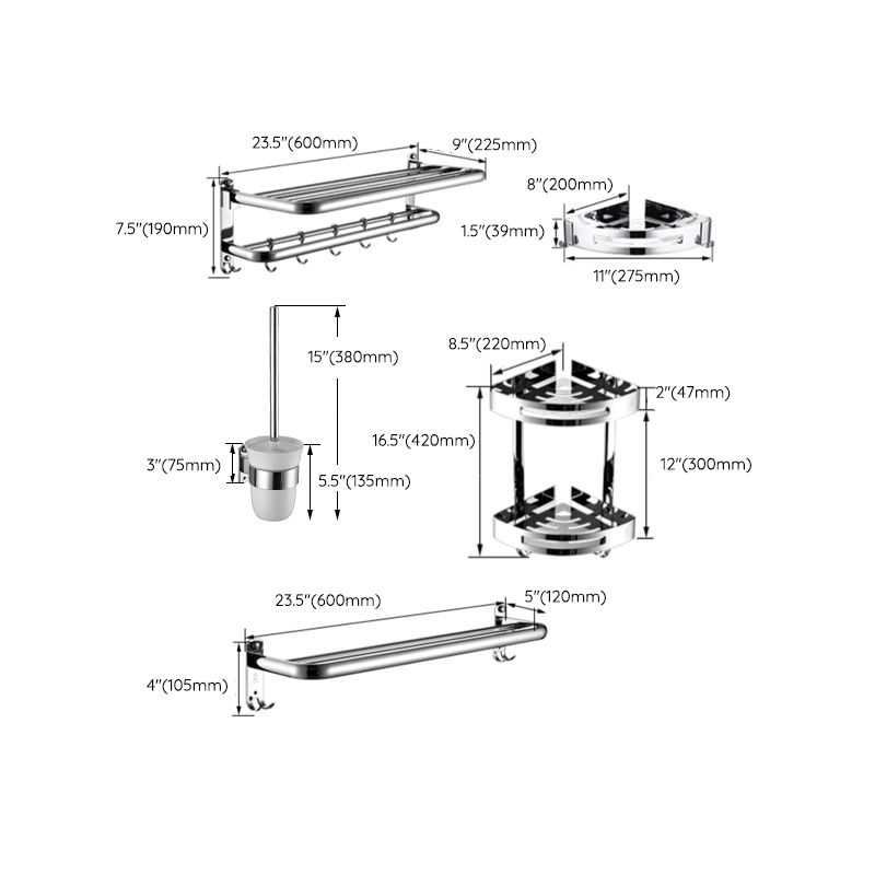 Contemporary Bathroom Accessories Hardware Set in Silver with Towel Bar Clearhalo 'Bathroom Hardware Sets' 'Bathroom Hardware' 'Bathroom Remodel & Bathroom Fixtures' 'bathroom_hardware_sets' 'Home Improvement' 'home_improvement' 'home_improvement_bathroom_hardware_sets' 1200x1200_7480bc66-9aa5-4c82-a967-07fa53e9f20f