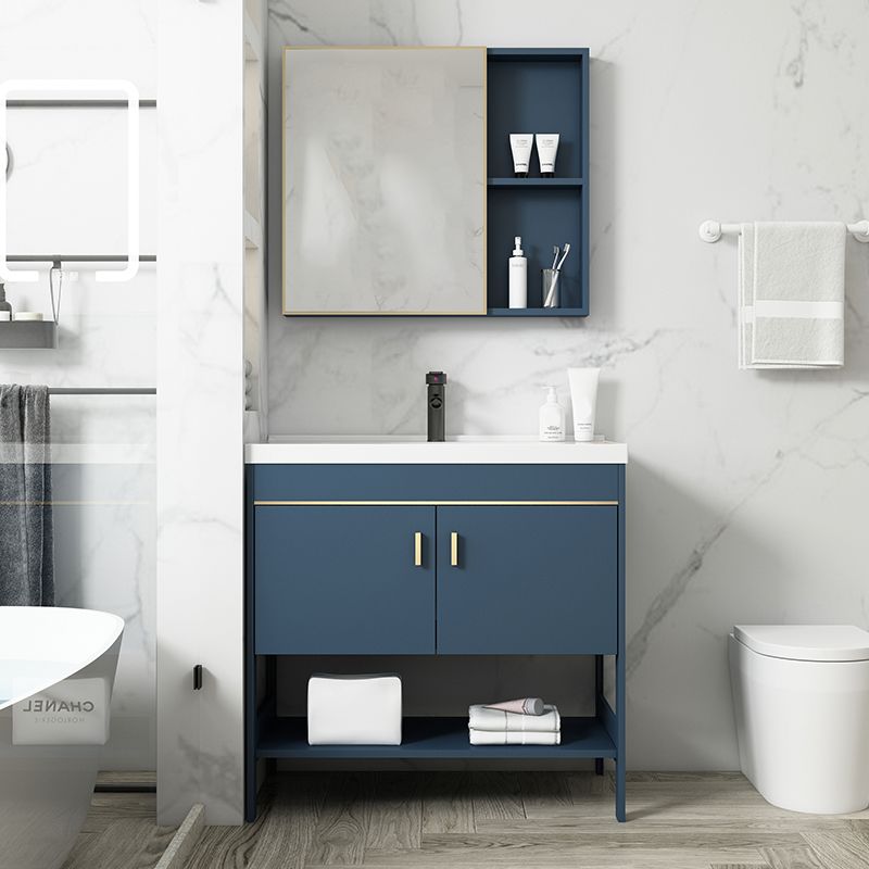 Shelving Included Vanity Blue Mirror Single Sink Freestanding Faucet Vanity with 2 Doors Clearhalo 'Bathroom Remodel & Bathroom Fixtures' 'Bathroom Vanities' 'bathroom_vanities' 'Home Improvement' 'home_improvement' 'home_improvement_bathroom_vanities' 1200x1200_75e02a84-33b8-4179-a448-a4ba37ae992a