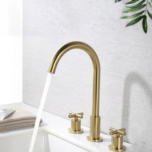 Glam Centerset Faucet Brass Cross Handles 3 Holes Gooseneck Bathroom Sink Faucet Clearhalo 'Bathroom Remodel & Bathroom Fixtures' 'Bathroom Sink Faucets' 'Bathroom Sinks & Faucet Components' 'bathroom_sink_faucets' 'Home Improvement' 'home_improvement' 'home_improvement_bathroom_sink_faucets' 1200x1200_79067fca-2513-438f-9256-2491012c7219