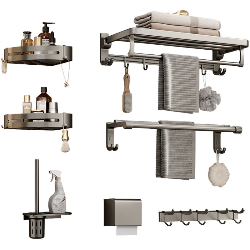 Modern Bathroom Accessory Set in Gray with Bath Shelf/Towel Bar/Robe Hooks & Paper Holder Clearhalo 'Bathroom Hardware Sets' 'Bathroom Hardware' 'Bathroom Remodel & Bathroom Fixtures' 'bathroom_hardware_sets' 'Home Improvement' 'home_improvement' 'home_improvement_bathroom_hardware_sets' 1200x1200_7aa8e05b-c5ed-4839-94b5-af741a294d54