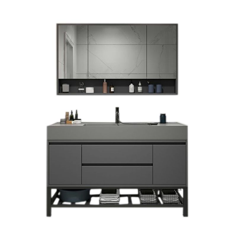 2 Drawers Bathroom Vanity Single Sink Wood Frame Mirror Soft Close Door in Grey Clearhalo 'Bathroom Remodel & Bathroom Fixtures' 'Bathroom Vanities' 'bathroom_vanities' 'Home Improvement' 'home_improvement' 'home_improvement_bathroom_vanities' 1200x1200_7aee23f3-0975-4643-b50a-8d85e3545fef