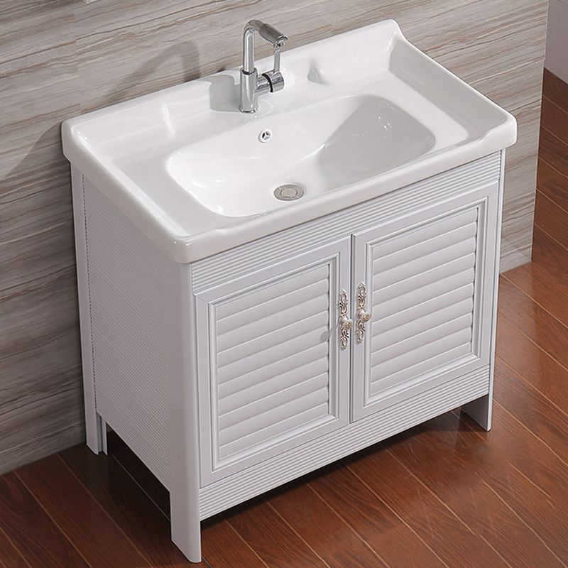 White Freestanding Vanity Rectangular 2 Doors Metal Frame Mirror Single Sink Vanity Clearhalo 'Bathroom Remodel & Bathroom Fixtures' 'Bathroom Vanities' 'bathroom_vanities' 'Home Improvement' 'home_improvement' 'home_improvement_bathroom_vanities' 1200x1200_7cd1f693-0ce2-41a0-a1d8-119cae5c96bd