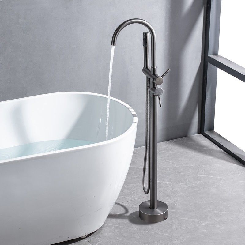 Modern Floor Mounted Metal Freestanding Tub Filler Swivel High Arc Freestanding Faucet Clearhalo 'Bathroom Remodel & Bathroom Fixtures' 'Bathtub Faucets' 'bathtub_faucets' 'Home Improvement' 'home_improvement' 'home_improvement_bathtub_faucets' 1200x1200_7eab055b-0699-4188-8831-bf33e7b18b4b