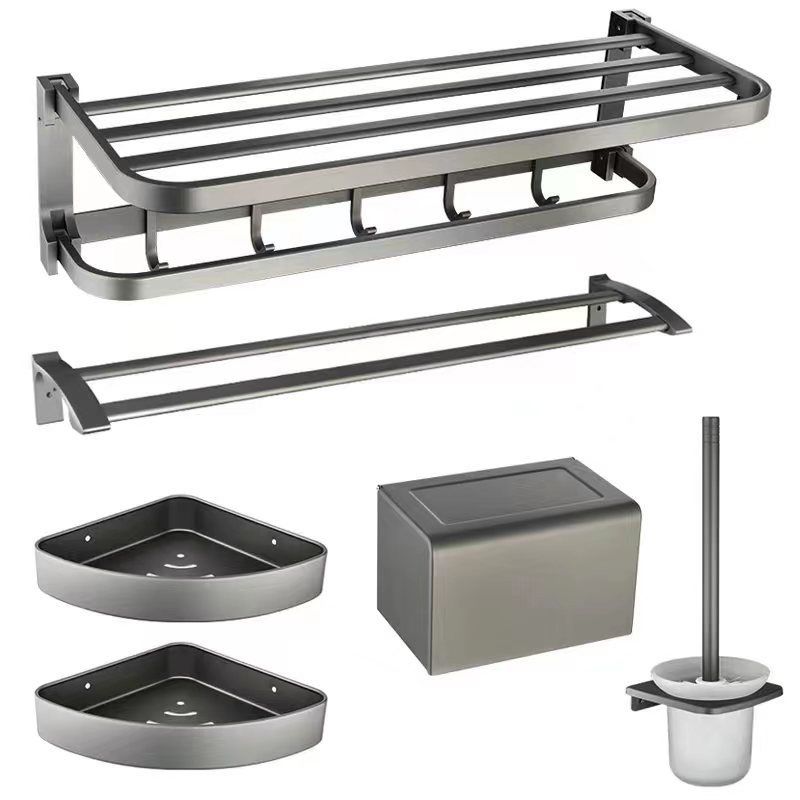 Contemporary Metal 6-Piece Bathroom Accessory Set with Bath Shelf Clearhalo 'Bathroom Hardware Sets' 'Bathroom Hardware' 'Bathroom Remodel & Bathroom Fixtures' 'bathroom_hardware_sets' 'Home Improvement' 'home_improvement' 'home_improvement_bathroom_hardware_sets' 1200x1200_808b7af0-96a9-451f-948e-6a4892989b4e