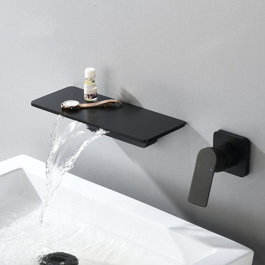 Single Lever Handle Bathroom Faucet 2 Holes Wall-Mounted Waterfall Spout Sink Faucet Clearhalo 'bathroom_sink_faucets' 'Conjuntos de Torneiras de Lavatório e Banheiro' 'home_improvement' 'home_improvement_bathroom_sink_faucets' 'Mobiliário Doméstico' 'Página inicial' 'Renovação e equipamento de casa de banho' 'Torneira para lavatório de banheiro' 1200x1200_80e13d1b-0fe0-4e60-8482-15b9747e2a01