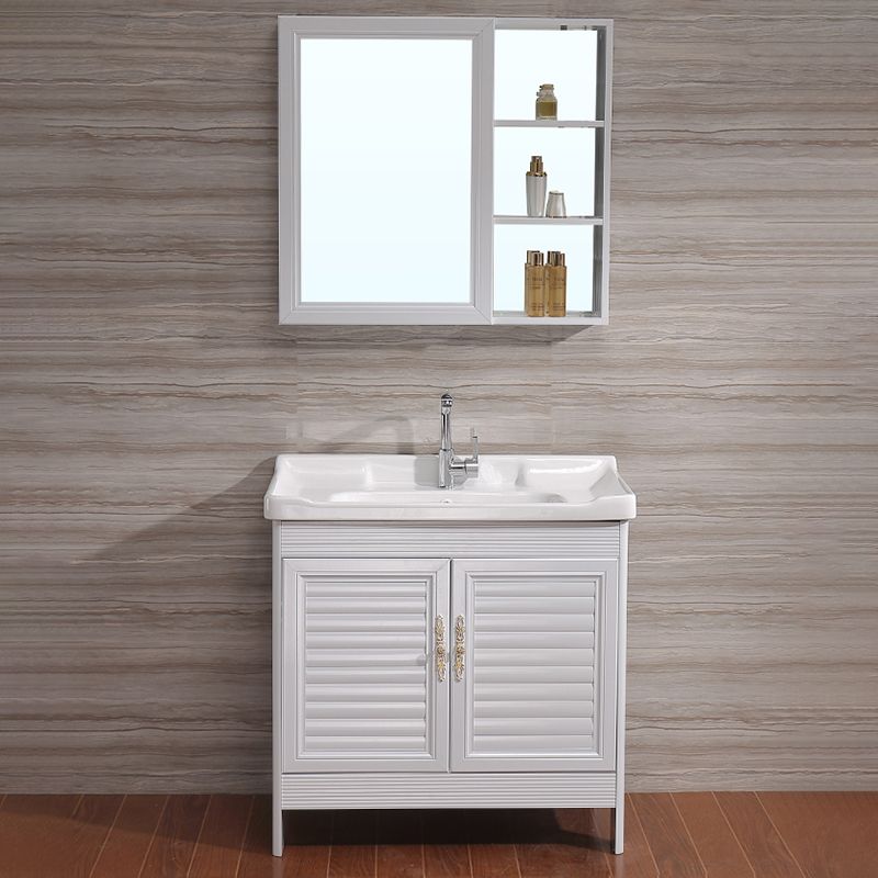 White Freestanding Vanity Rectangular 2 Doors Metal Frame Mirror Single Sink Vanity Clearhalo 'Bathroom Remodel & Bathroom Fixtures' 'Bathroom Vanities' 'bathroom_vanities' 'Home Improvement' 'home_improvement' 'home_improvement_bathroom_vanities' 1200x1200_811d2263-aa75-456f-a8c9-51f7c9ef237c