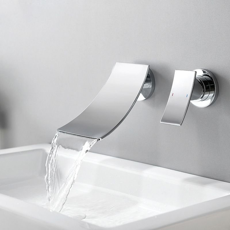 Waterfall Spout Bathroom Faucet Single Handle Wall Mounted Faucet Clearhalo 'Accueil' 'Amélioration Domiciliaire' 'bathroom_sink_faucets' 'Ensembles de Lavabo & de Robinet de Toilette' 'home_improvement' 'home_improvement_bathroom_sink_faucets' 'Robinet de Lavabo de Salle de Bain' 'Rénovation et Équipement de Salle de Bain' 1200x1200_81941e47-2241-428b-80af-0993ea0b9430