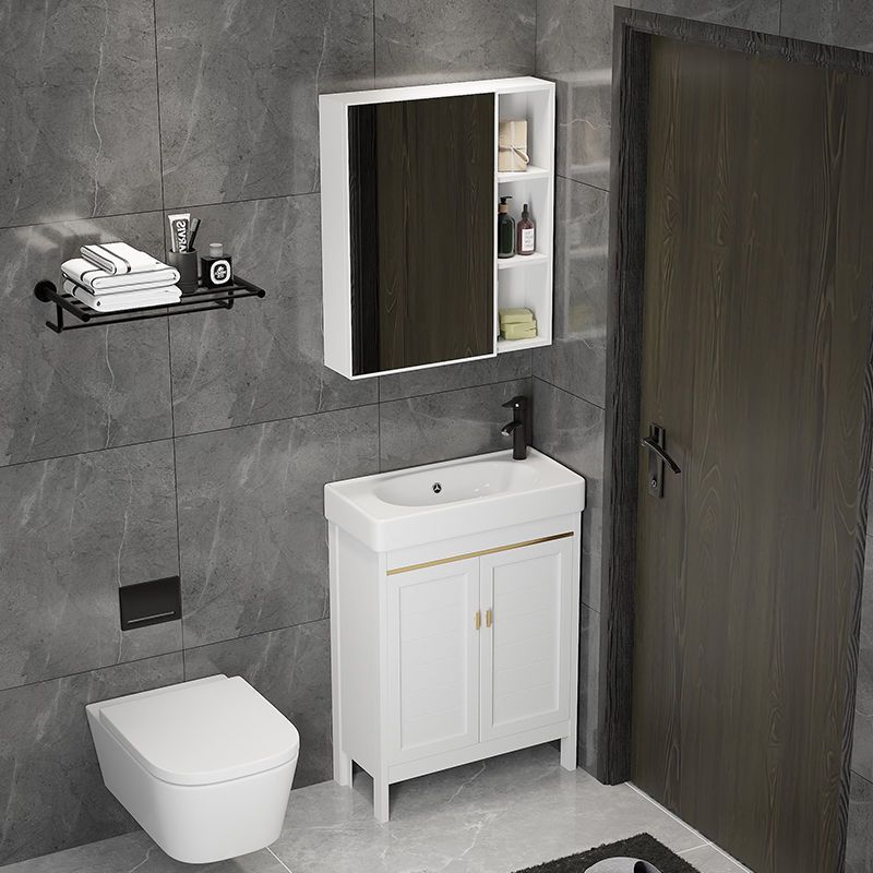 Single Sink Bath Vanity Set White Oval Metal 2 Doors Bathroom Vanity with Mirror Clearhalo 'Bathroom Remodel & Bathroom Fixtures' 'Bathroom Vanities' 'bathroom_vanities' 'Home Improvement' 'home_improvement' 'home_improvement_bathroom_vanities' 1200x1200_819eef95-b183-4d15-b413-ddeb611cba99