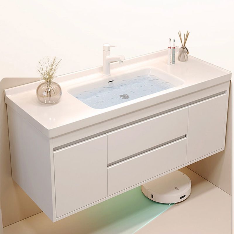 White Bathroom Vanity Wood Frame Mirror Waterproof Single Sink Overflow with 2 Drawers Clearhalo 'Bathroom Remodel & Bathroom Fixtures' 'Bathroom Vanities' 'bathroom_vanities' 'Home Improvement' 'home_improvement' 'home_improvement_bathroom_vanities' 1200x1200_8327f396-a51e-4ebf-ba23-0b9c93ce42e7