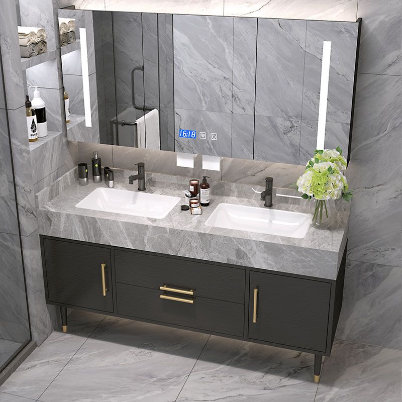 Drawers Bathroom Vanity Double Sink 2 Doors Freestanding Rectangle Vanity with Mirror Clearhalo 'Bathroom Remodel & Bathroom Fixtures' 'Bathroom Vanities' 'bathroom_vanities' 'Home Improvement' 'home_improvement' 'home_improvement_bathroom_vanities' 1200x1200_85c6ca5e-d4aa-4da9-9dc1-0aaebcbb4c88