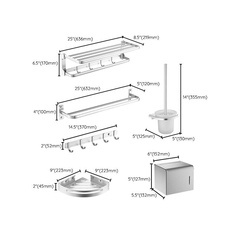 6-Piece Bathroom Hardware Set in Silver with Bath Shelf/Robe Hooks/Towel Bar Clearhalo 'Bathroom Hardware Sets' 'Bathroom Hardware' 'Bathroom Remodel & Bathroom Fixtures' 'bathroom_hardware_sets' 'Home Improvement' 'home_improvement' 'home_improvement_bathroom_hardware_sets' 1200x1200_8b38cd67-5332-450c-a502-e4523dc6f46b