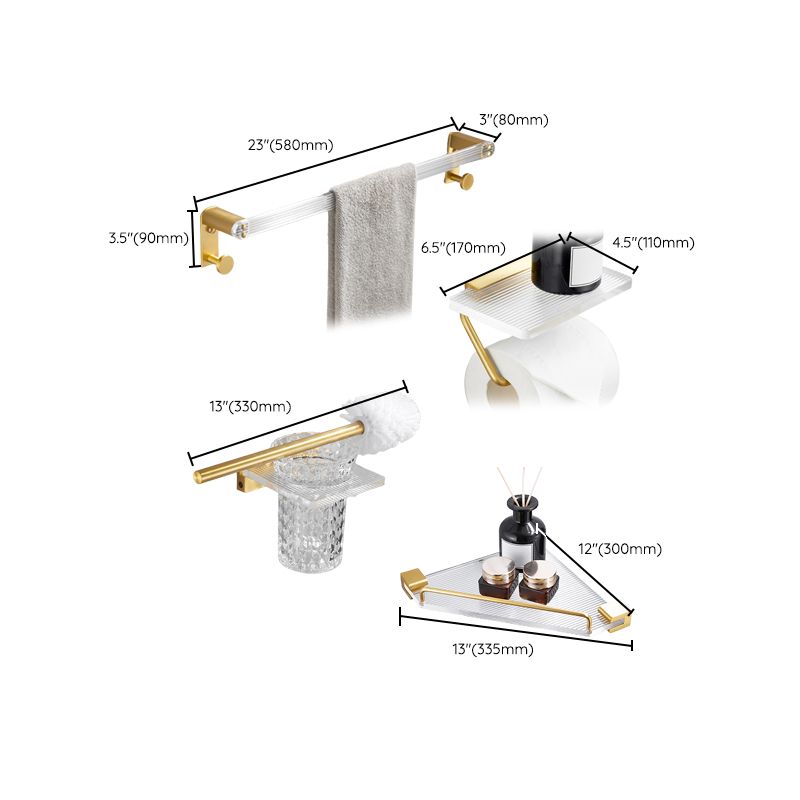 Bathroom Accessory Set in Gold Metal and Acrylic Bath Hardware Set Clearhalo 'Bathroom Hardware Sets' 'Bathroom Hardware' 'Bathroom Remodel & Bathroom Fixtures' 'bathroom_hardware_sets' 'Home Improvement' 'home_improvement' 'home_improvement_bathroom_hardware_sets' 1200x1200_8b9240f2-52aa-4dca-b315-4de29c6099f4