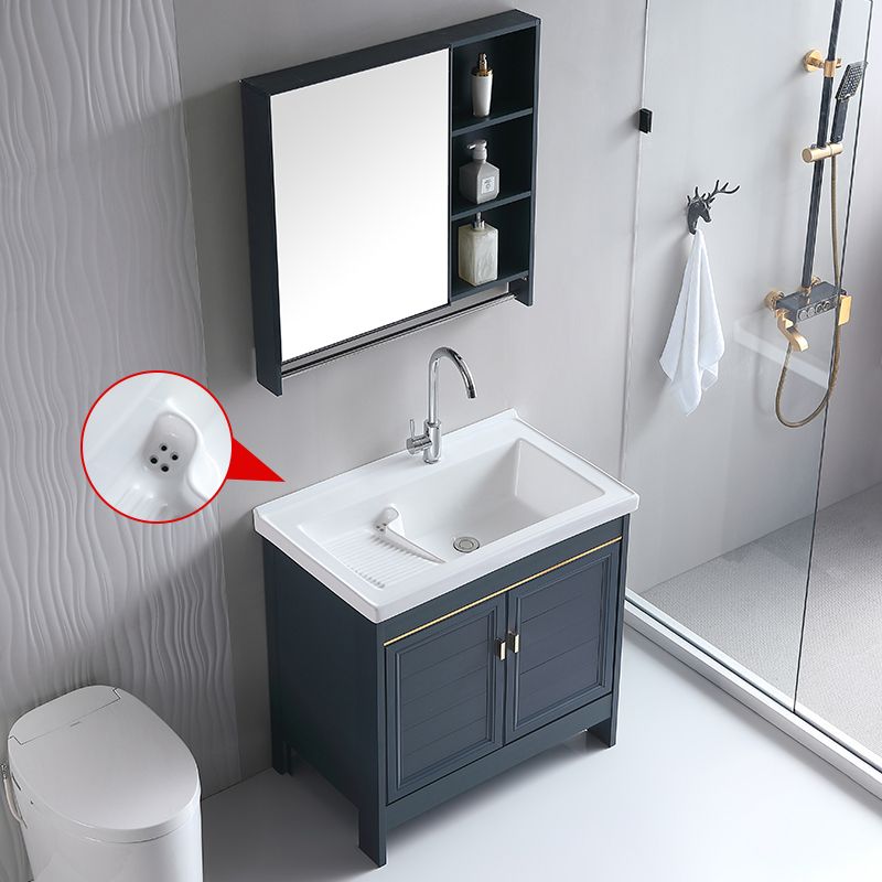 Grey Bath Vanity Freestanding Rectangular Single Sink Doors Metal Frame Vanity with Mirror Clearhalo 'Bathroom Remodel & Bathroom Fixtures' 'Bathroom Vanities' 'bathroom_vanities' 'Home Improvement' 'home_improvement' 'home_improvement_bathroom_vanities' 1200x1200_8d560ab1-6aad-490d-9457-96a7e7efd95a