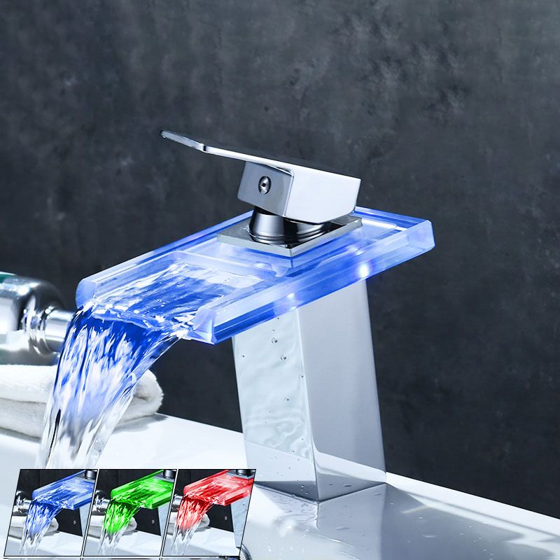 Bathroom LED Faucet Light Lever Handle Waterfall Spout Faucet Clearhalo 'bathroom_sink_faucets' 'Conjunta de Baño y Conjunta de Grifo' 'Coronamiento de Baño y Dispositivo de Baño' 'Grifo del lavabo del baño' 'Hogar' 'home_improvement' 'home_improvement_bathroom_sink_faucets' 'Mejoras para el hogar' 1200x1200_8f9314a3-7ce6-4c6a-aaa1-8195553c7270