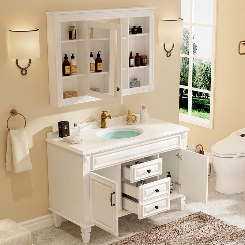 2 Doors Vanity Wood Frame Mirror Freestanding Oval Single Sink Drawers Bath Vanity Clearhalo 'Bathroom Remodel & Bathroom Fixtures' 'Bathroom Vanities' 'bathroom_vanities' 'Home Improvement' 'home_improvement' 'home_improvement_bathroom_vanities' 1200x1200_91dfe833-8fc6-4534-83ad-cb18cc867ce1