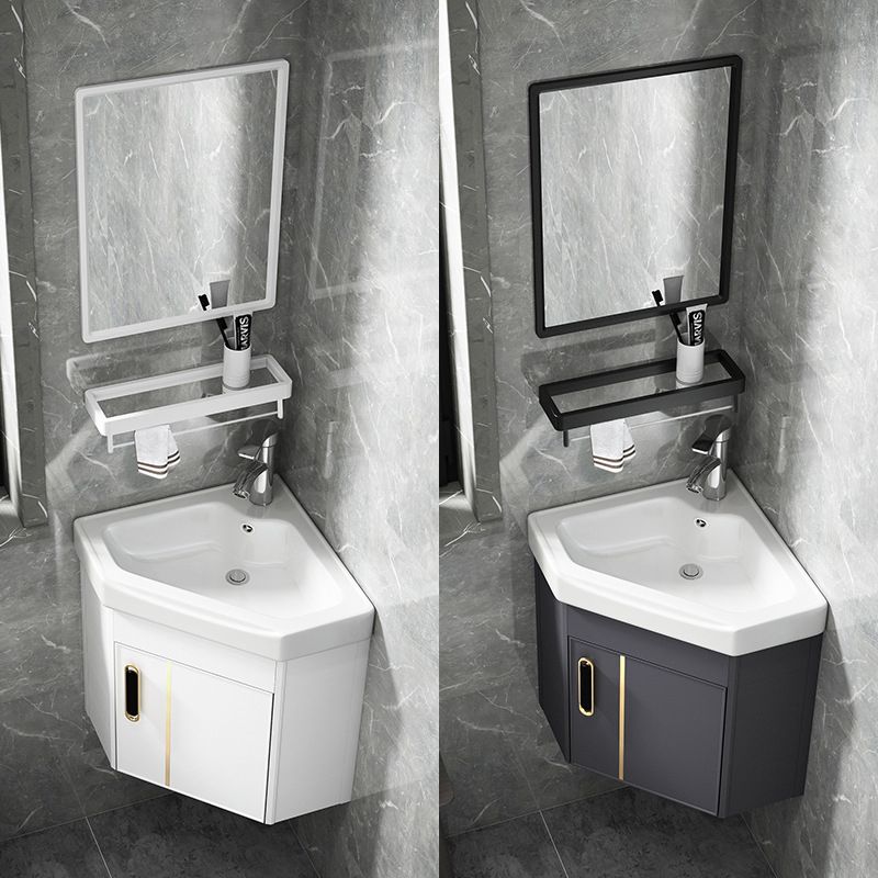 Wall Mounted Corner Vanity Triangular Single Sink Mirror Metal Frame Bath Vanity with Door Clearhalo 'Bathroom Remodel & Bathroom Fixtures' 'Bathroom Vanities' 'bathroom_vanities' 'Home Improvement' 'home_improvement' 'home_improvement_bathroom_vanities' 1200x1200_9293635d-09ff-4404-a2b1-0602530c669e