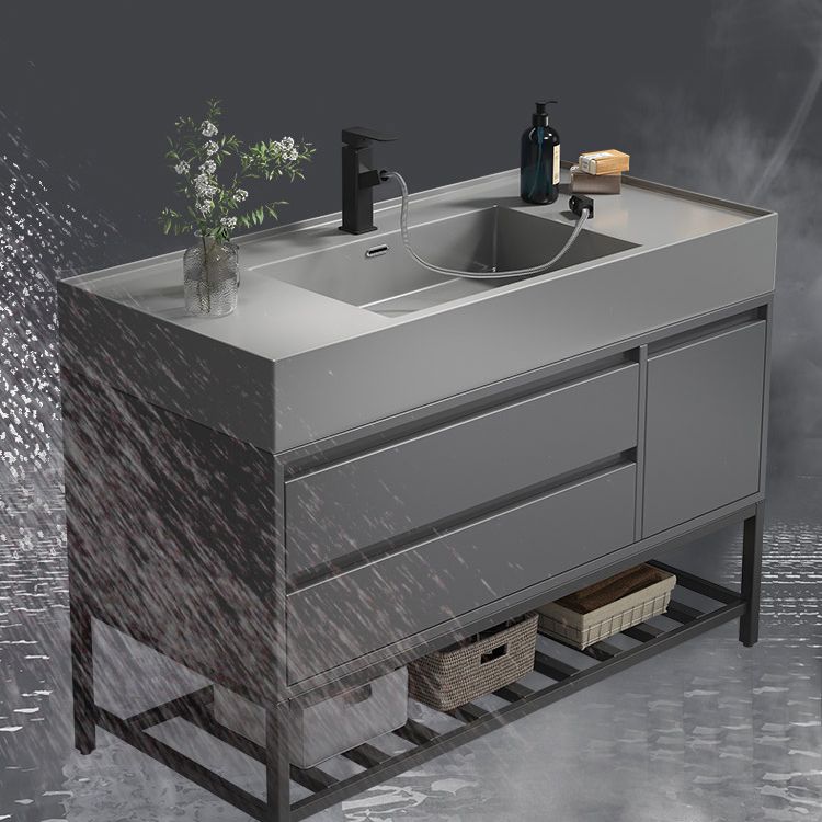 Single Sink Grey Vanity Shelving Included Mirror Rectangle Vanity with 2 Drawers Clearhalo 'Bathroom Remodel & Bathroom Fixtures' 'Bathroom Vanities' 'bathroom_vanities' 'Home Improvement' 'home_improvement' 'home_improvement_bathroom_vanities' 1200x1200_9c42479d-8d75-4a05-b53b-1cd41972c7af