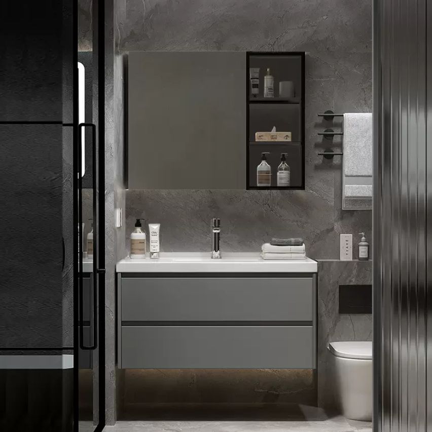 Modern Vanity Rectangular Dark Gray Single Ceramic Top Sink Vanity Clearhalo 'Bathroom Remodel & Bathroom Fixtures' 'Bathroom Vanities' 'bathroom_vanities' 'Home Improvement' 'home_improvement' 'home_improvement_bathroom_vanities' 1200x1200_a2b7d1bd-1b2e-4a5f-9198-db903cf4aa2b