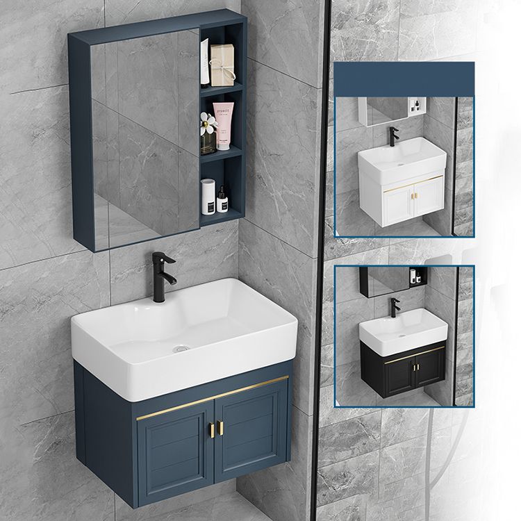 Rectangular Vanity Single Sink Faucet Wall-Mounted Blue Mirror Metal Frame Bath Vanity Clearhalo 'Bathroom Remodel & Bathroom Fixtures' 'Bathroom Vanities' 'bathroom_vanities' 'Home Improvement' 'home_improvement' 'home_improvement_bathroom_vanities' 1200x1200_a49435f1-4372-4f45-9fac-cca3c3681b58