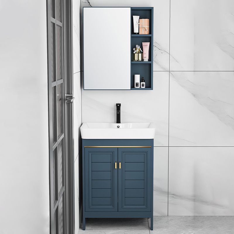 Blue Bath Vanity Freestanding 2 Doors Mirror Single Sink Rectangular Metal Frame Vanity Clearhalo 'Bathroom Remodel & Bathroom Fixtures' 'Bathroom Vanities' 'bathroom_vanities' 'Home Improvement' 'home_improvement' 'home_improvement_bathroom_vanities' 1200x1200_aa346bc2-2356-4711-b364-b9492bcbbd00