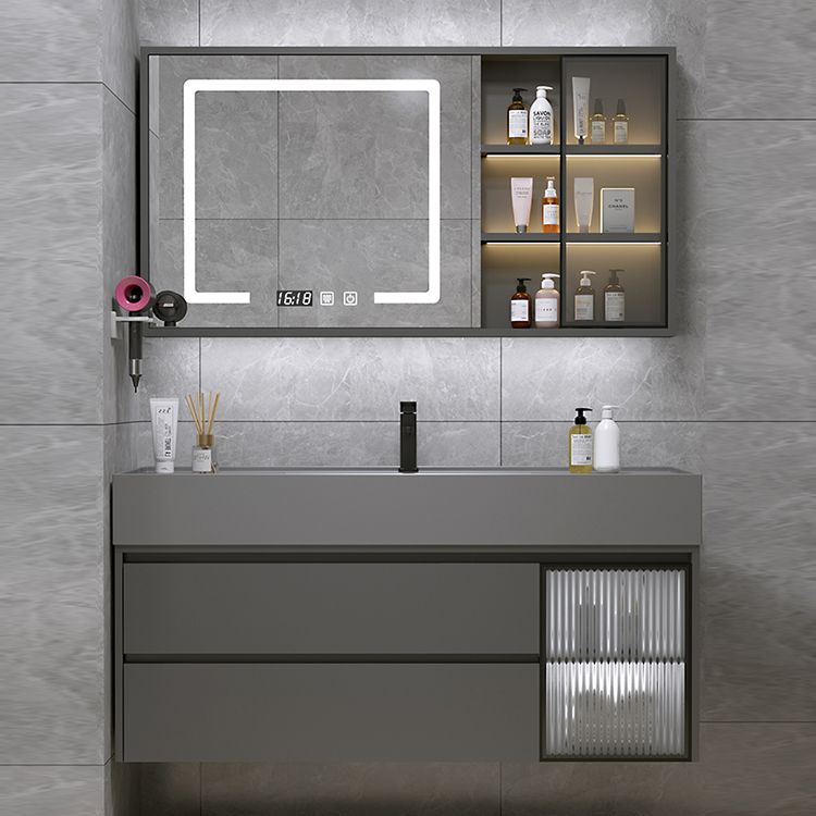 Wood Frame Bathroom Vanity Grey 2 Drawers Single Sink Mirror Wall Mount Rectangular Vanity Clearhalo 'Bathroom Remodel & Bathroom Fixtures' 'Bathroom Vanities' 'bathroom_vanities' 'Home Improvement' 'home_improvement' 'home_improvement_bathroom_vanities' 1200x1200_ab03ddb6-e5ee-46f2-be6b-9d7bbd76a19e