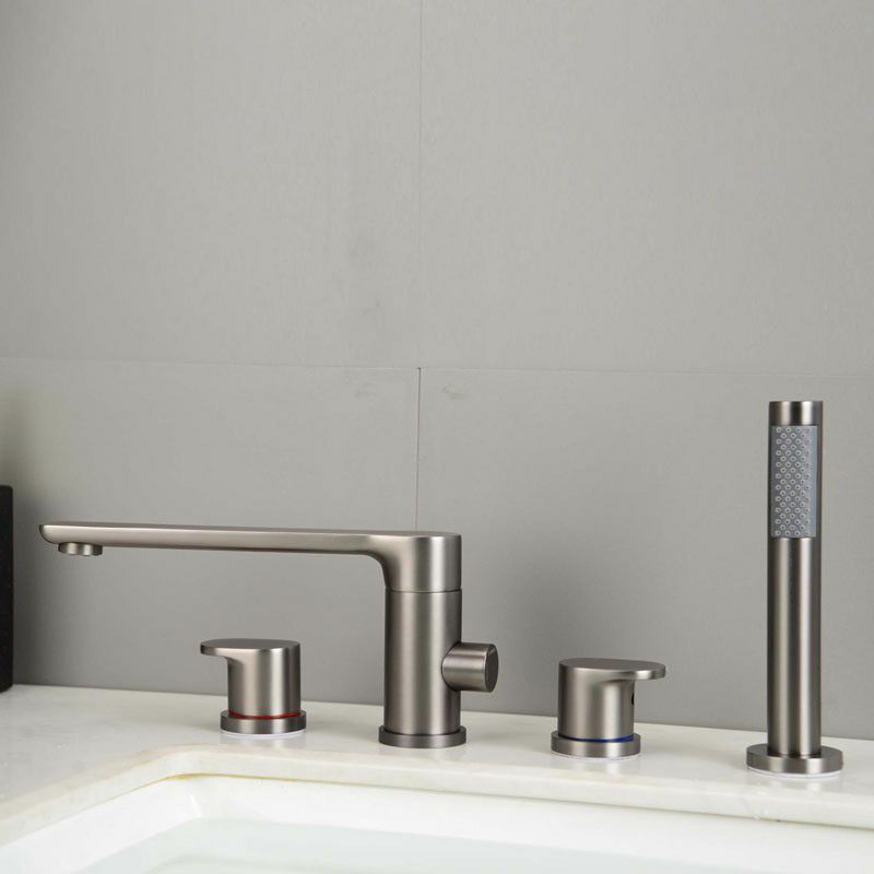 Modern Bathtub Faucet Deck Mounted Roman Tub Faucet Trim with Handshower Clearhalo 'Bathroom Remodel & Bathroom Fixtures' 'Bathtub Faucets' 'bathtub_faucets' 'Home Improvement' 'home_improvement' 'home_improvement_bathtub_faucets' 1200x1200_ab7a2448-b19a-473f-b4ed-593ee580bea0