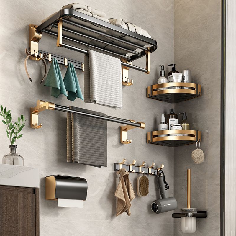 Modernism Bathroom Accessories Hardware Set Black & Golden Bath Shelf/Towel Bar Clearhalo 'Bathroom Hardware Sets' 'Bathroom Hardware' 'Bathroom Remodel & Bathroom Fixtures' 'bathroom_hardware_sets' 'Home Improvement' 'home_improvement' 'home_improvement_bathroom_hardware_sets' 1200x1200_b0744a11-c126-4025-a40b-8ce3d21a15f7