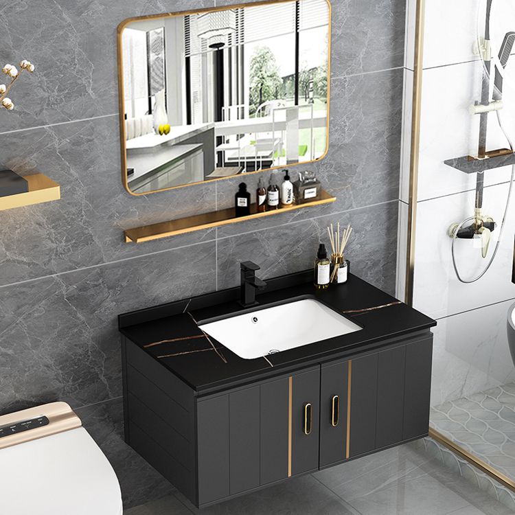 Modern Single Sink Vanity Black Ceramic Bath Vanity with Soft Close Door Clearhalo 'Bathroom Remodel & Bathroom Fixtures' 'Bathroom Vanities' 'bathroom_vanities' 'Home Improvement' 'home_improvement' 'home_improvement_bathroom_vanities' 1200x1200_b0fb76a5-82a9-406f-aea9-639973589b4e