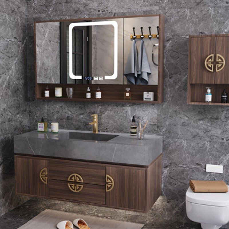 Mid-Century Modern Bathroom Vanity Stone with Mirror and Standalone Cabinet Vanity Clearhalo 'Bathroom Remodel & Bathroom Fixtures' 'Bathroom Vanities' 'bathroom_vanities' 'Home Improvement' 'home_improvement' 'home_improvement_bathroom_vanities' 1200x1200_b171b1da-d036-48dd-a6d7-1c9ee8dfcc40