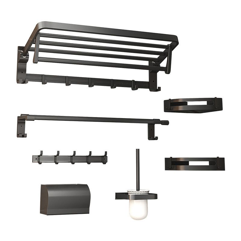 Modern Matte Black Bathroom Accessory Set with Bath Shelf/Robe Hooks/Towel Bar Clearhalo 'Bathroom Hardware Sets' 'Bathroom Hardware' 'Bathroom Remodel & Bathroom Fixtures' 'bathroom_hardware_sets' 'Home Improvement' 'home_improvement' 'home_improvement_bathroom_hardware_sets' 1200x1200_b4ce7df0-41bf-4381-be9e-8703bf333e38