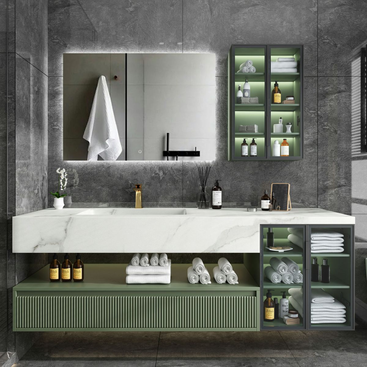 Modern Wall Mount Sink Vanity in Green with Mirror Drawers for Bathroom Clearhalo 'Bathroom Remodel & Bathroom Fixtures' 'Bathroom Vanities' 'bathroom_vanities' 'Home Improvement' 'home_improvement' 'home_improvement_bathroom_vanities' 1200x1200_b4fc208f-f608-4897-ae92-6de29a686e25