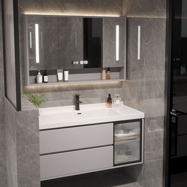 Wall Mount Vanity White Wood Frame Soft Close Drawers Single Sink Vanity with Mirror Clearhalo 'Bathroom Remodel & Bathroom Fixtures' 'Bathroom Vanities' 'bathroom_vanities' 'Home Improvement' 'home_improvement' 'home_improvement_bathroom_vanities' 1200x1200_bb1a6eac-6f63-475e-966a-77fc344a9fe6
