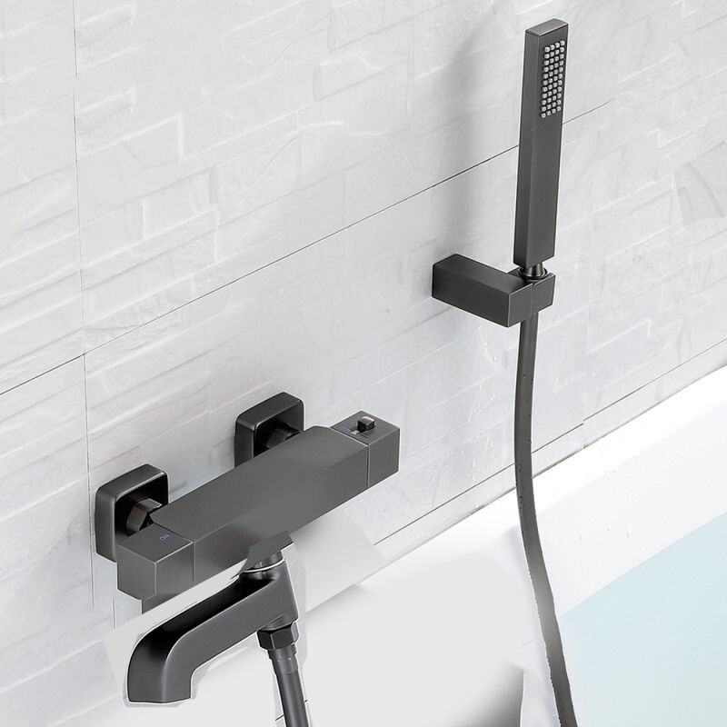 Black Tub Filler Wall-Mounted Brass Single Knob Handle Swivel Tub Filler with Handshower Clearhalo 'Bathroom Remodel & Bathroom Fixtures' 'Bathtub Faucets' 'bathtub_faucets' 'Home Improvement' 'home_improvement' 'home_improvement_bathtub_faucets' 1200x1200_bb6a3fc0-9968-4166-aded-133cec5c9da9